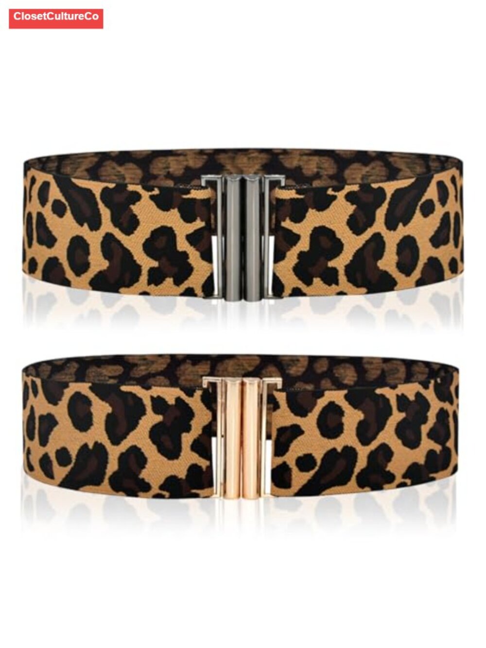 2 Pack Leopard Print Elastic Belts for Women Retro Metal Buckle Dress Skirt